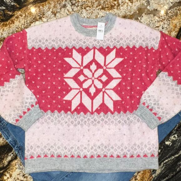 NWT LOFT Fuchsia Pink & Grey Snowflake Fair Isle Crewneck Sweater - SIZE M - Picture 3 of 9